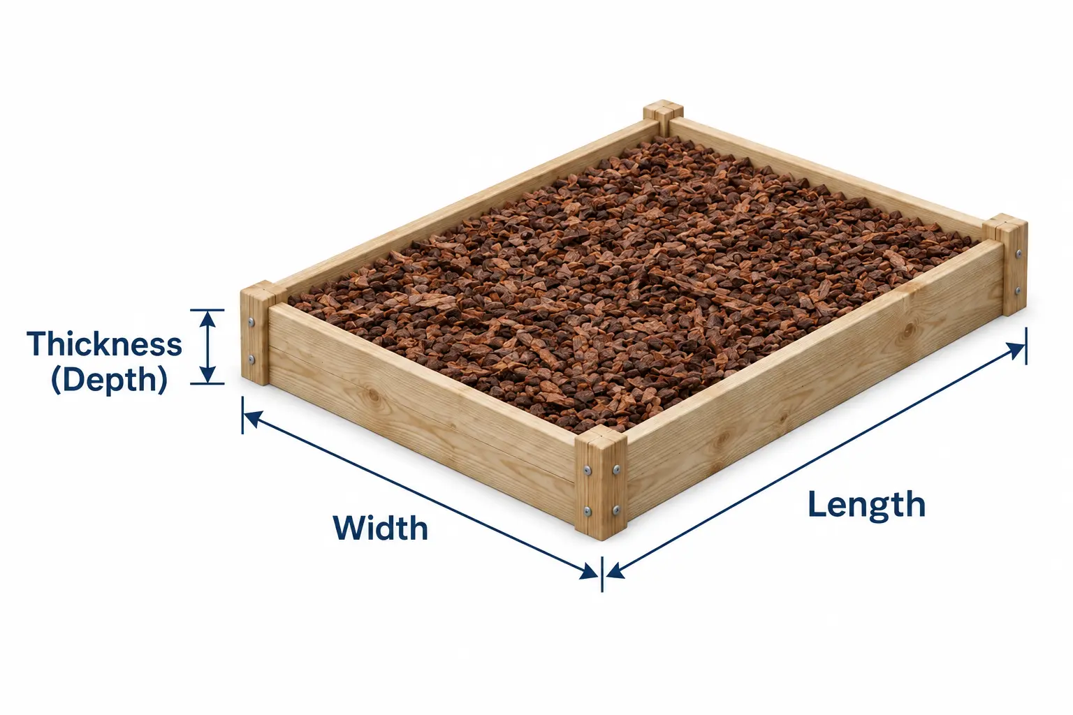 Mulch bed showing length, width, and depth dimensions